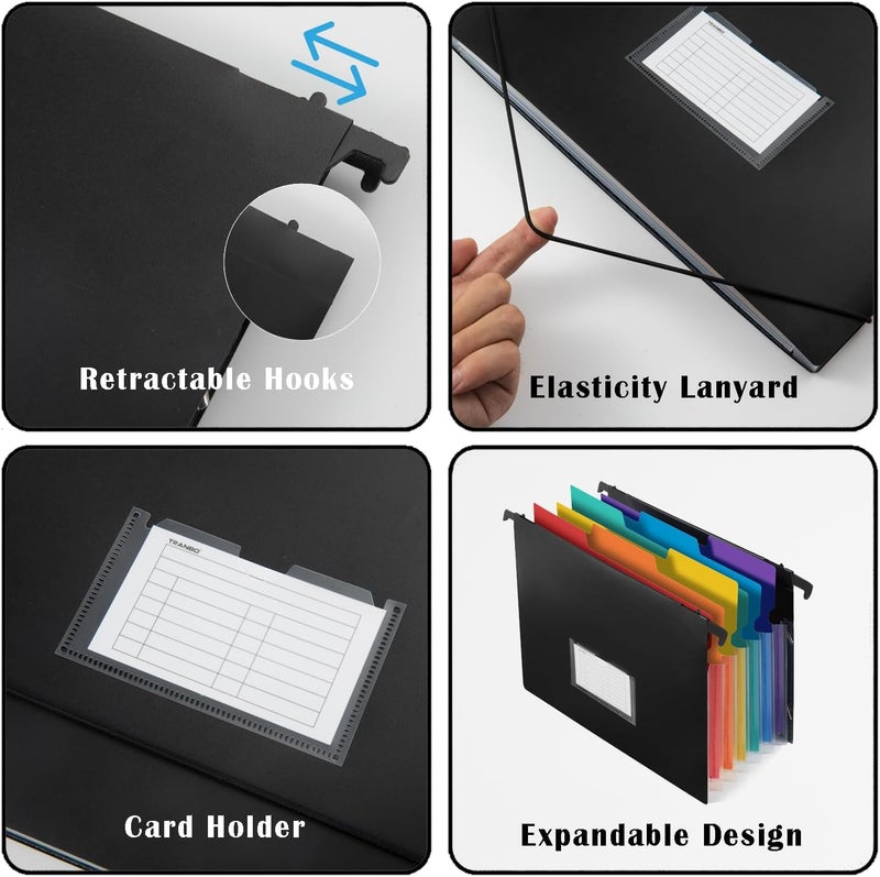 TRANBO 7-Pockets Hanging File Folder with Retractable Hooks for Filing Cabinet, Letter Size Expandable Accordion File Organizer with Elastic Band for File Frame or On-The-Go Use (3 Pack) - Image 2